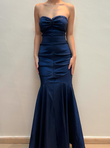 Vintage Mermaid Sweetheart Neck Beaded Navy Blue Satin Prom Dress Evening Dress HZ1023